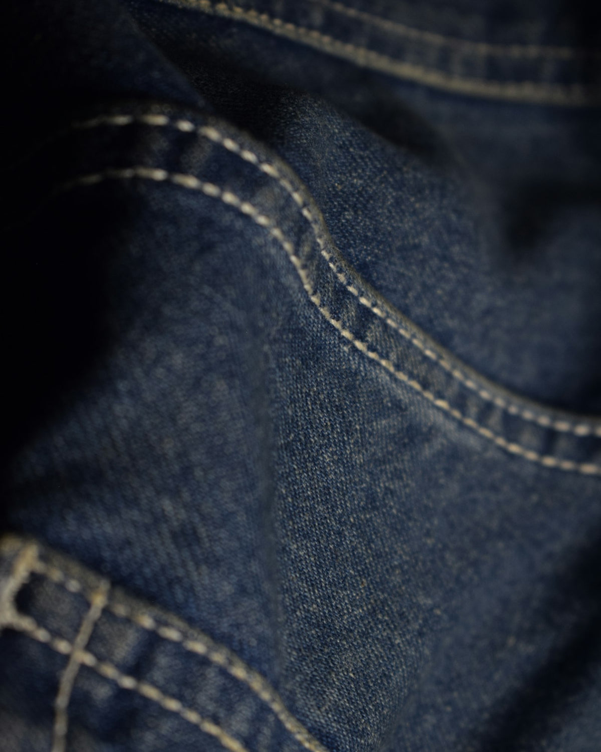 Close-up of the topstitching on raw indigo denim
